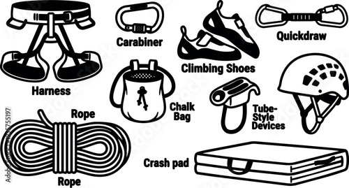 Line art close up collection of climbing gear arranged flat lay with labeled items on white background clean minimal style