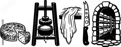 Engraving style close up of artisanal cheese wheel press cloth knife and aging cellar interior in monochrome line art illustration