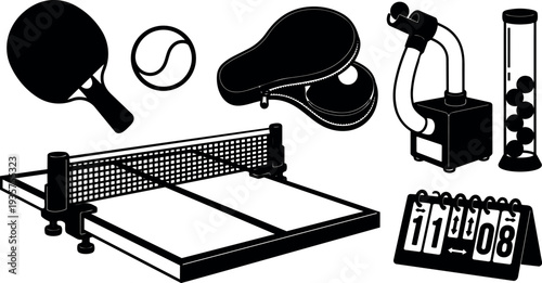 Flat design top view table tennis equipment set with paddle and ball net scorecard ball machine and zipped paddle case