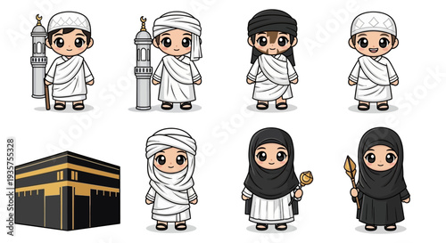 Set of Cute Chibi Muslim Characters Wearing Ihram Clothing for Hajj and Umrah Pilgrimage