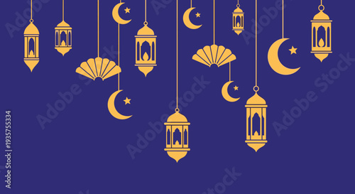 Ramadan Kareem Night Illustration with Mosque, Lanterns, Crescent Moon and Iftar Dates