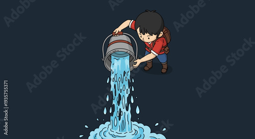 Little Boy Character Pouring Water from a Metal Bucket on Dark Background Illustration