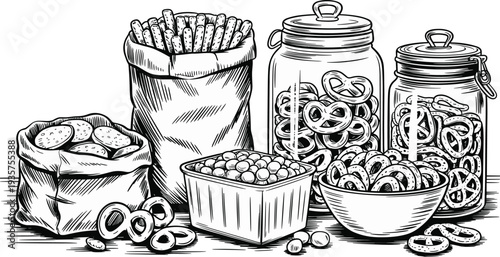 Assorted snacks collection pretzels crackers breadsticks and nuts in bags bowls and glass jars vintage engraved food illustration vector