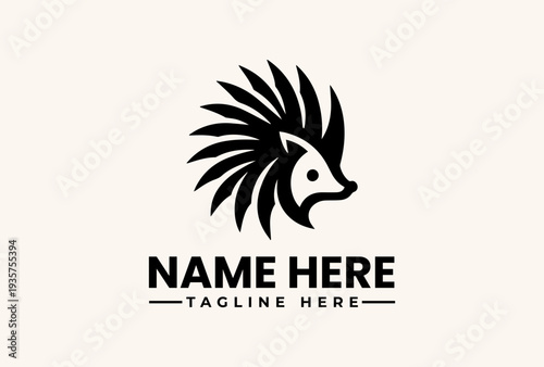 A black and white logo featuring a stylized porcupine head with spiky quills and a placeholder text 'NAME HERE' and 'TAGLINE HERE' on a plain beige background.