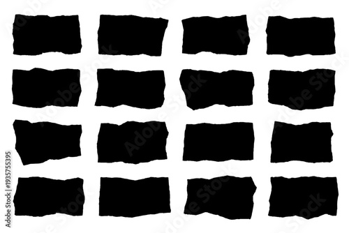 Black torn paper scrap set. Ripped rough edge paper piece silhouette collage