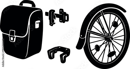 Silhouette vector close up bicycle wheel pannier bag mounting bracket set side view high contrast minimal flat design studio isolated