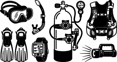 Line art scuba diving gear layout with tank regulator fins mask snorkel dive computer buoyancy jacket and torch close up