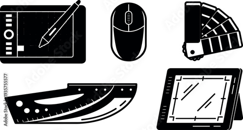 Flat icon set showing drawing tablet with stylus mouse color swatches curved ruler and tilted display in close up view