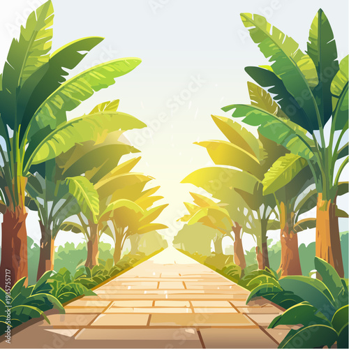 Pathway through a sun-drenched tropical jungle with lush green banana trees