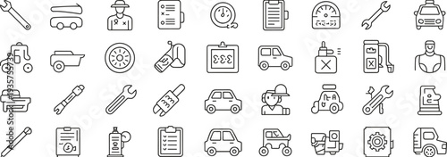 Auto repair service line icons set, car mechanic tools, garage equipment, vehicle maintenance symbols, automotive workshop outline vector icon collection