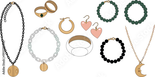 Fashion jewelry accessories set with necklaces rings earrings bracelets and pendant charms, trendy female jewelry collection flat vector illustration