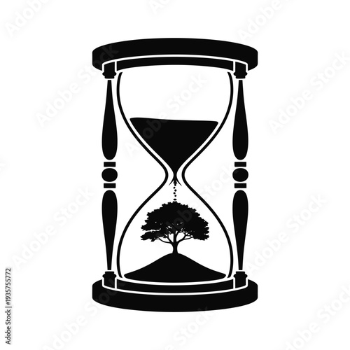 An hourglass contains a small tree instead of sand symbolizing time