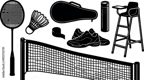 Flat design badminton equipment set with racket shuttlecock net shoes umpire chair case and water bottle side view top angled