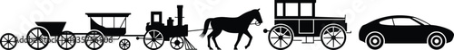 Historical and modern transportation vehicles including horse carriage and car vintage