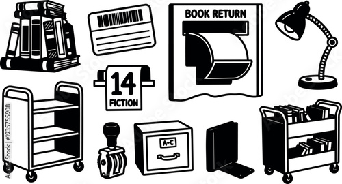 Line art library icon set close up books cart lamp book return stamp label filing drawer signage shelf barcode fiction