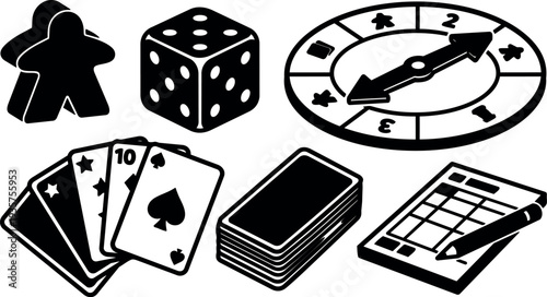 Flat design top view board game pieces including meeple dice cards spinner deck and score pad black silhouette with pencil