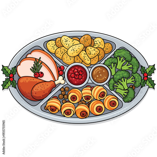 Christmas Dinner Plate with Roasted Turkey and Vegetables.