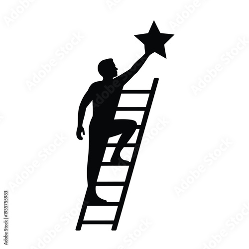 A silhouette of a man climbing a ladder towards a shining star