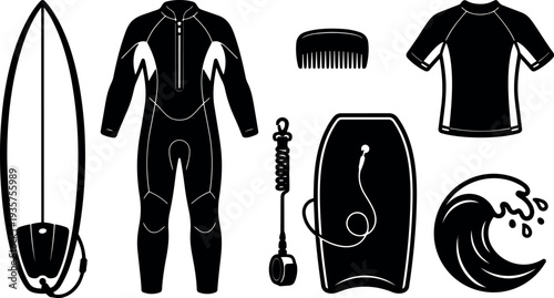 Flat design surf gear set with surfboard bodyboard wetsuit leash rash guard comb and wave silhouettes on white background collection