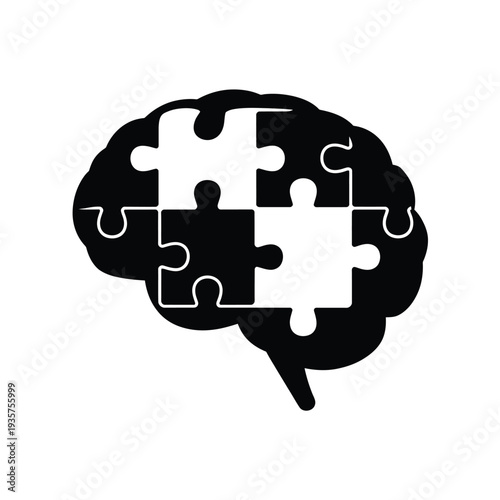 A black brain silhouette with missing puzzle pieces representing thought