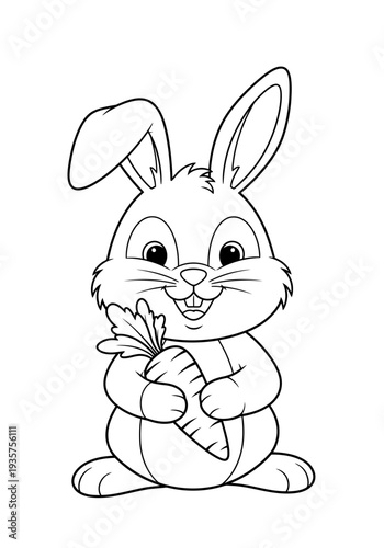 Adorable cartoon rabbit happily holding a fresh carrot in its hands with a friendly smile on its face and big expressive eyes