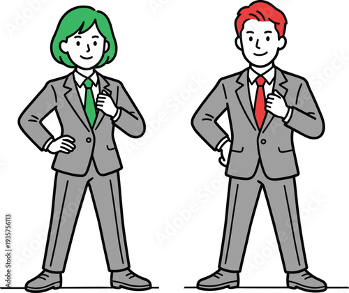 Two people in suits with green and red ties standing confidently