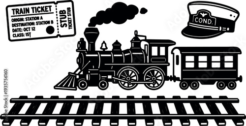 Vintage line art steam train side view with passenger car conductor cap ticket and railroad track silhouette in black illustration