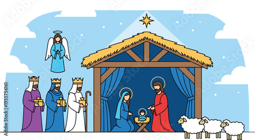 Christmas nativity scene illustration showing baby Jesus Mary Joseph three wise men and angel for religious holiday concepts
