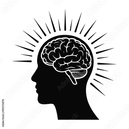 Human head silhouette containing a detailed illustration of the brain