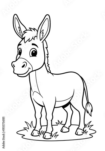 Cartoon donkey standing on grass with a friendly and curious expression in a simple vector graphic illustration design