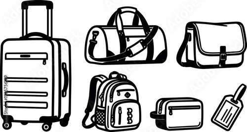 Line art set of travel bags and luggage icons arranged flat top view with suitcase backpack duffel messenger bag tag