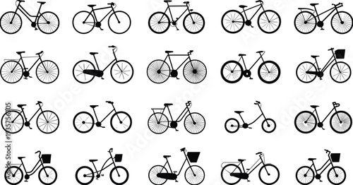 Black bicycle icons set, various bike silhouettes including road, city, folding and cargo styles, cycling transportation vector symbols for apps and signage