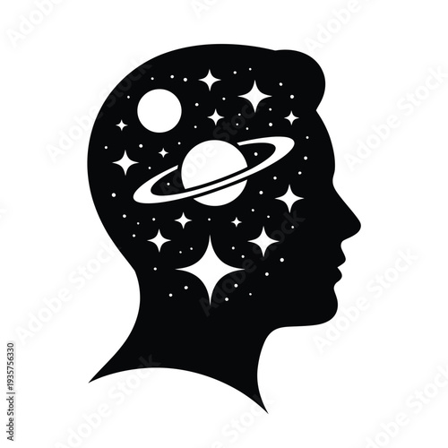 A silhouetted head contains planets stars and a celestial galaxy