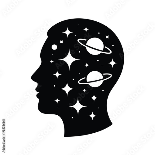 A human head silhouette containing a galaxy planets and sparkling stars