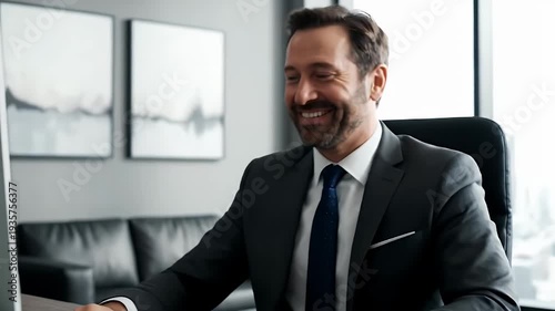 Excited Businessman Celebrating Success at His Desk.