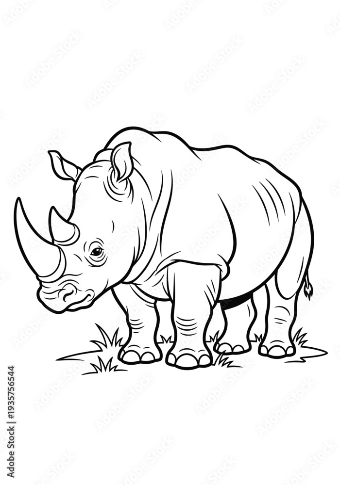 Fototapeta premium Black and white vector illustration of a rhinoceros standing on the grass with a prominent horn and detailed facial features in a simple graphic design style.