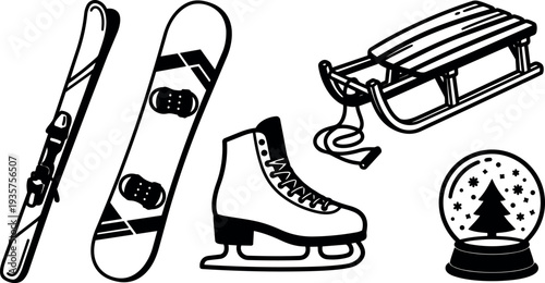 Line art winter sports equipment set close up ski snowboard ice skate wooden sled and snow globe winter theme monochrome