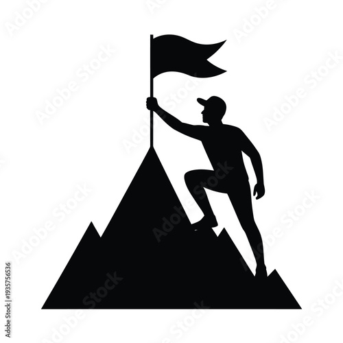 Silhouette of a person planting a flag atop a mountain peak