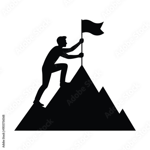 Silhouette of a person climbing a mountain with a waving flag