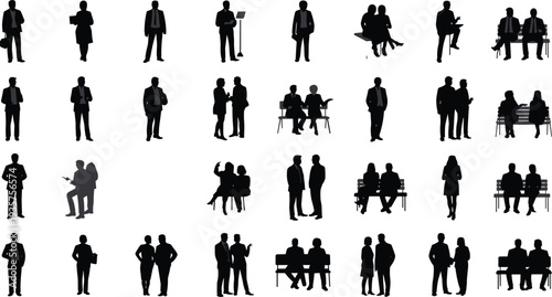 Business people silhouette collection, corporate men and women standing, talking, sitting and meeting, professional office worker black vector figures set