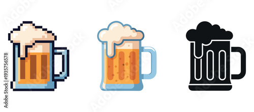 Pixel art, cartoon, and silhouette beer mug designs with foam bubbles