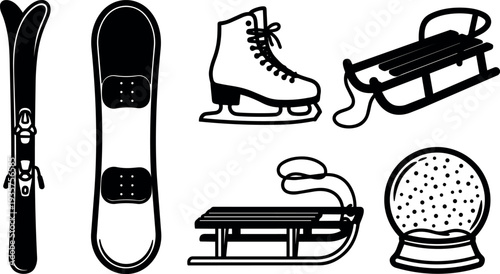 Line art winter sports icon set showing skis snowboard skates two sleds and snow globe in simple black style collection