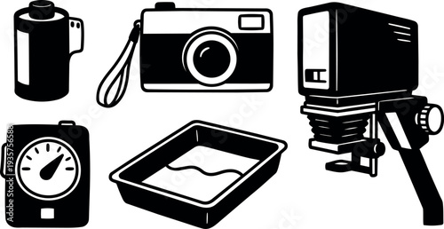 Minimalist vector silhouette close up darkroom tools set with enlarger camera film canister developing tray and light meter angled view