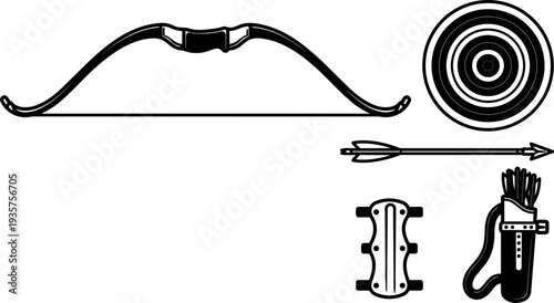 Line art top view recurve bow with arrow quiver arm guard and circular target close up monochrome vector illustration studio