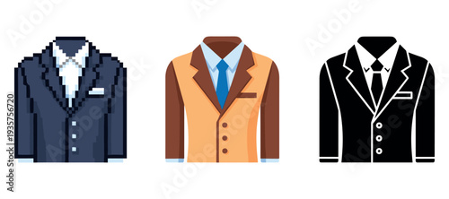 Pixel art and iconic suit designs: blue, orange, black variants