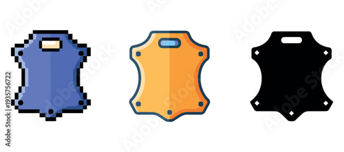 Set of three leather icons: pixel blue, flat orange, solid black silhouettes