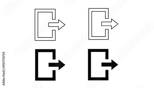 Doorway exit icons set with inward facing rectangles and outward pointing arrows, graphic symbols for leaving places, isolated on white.