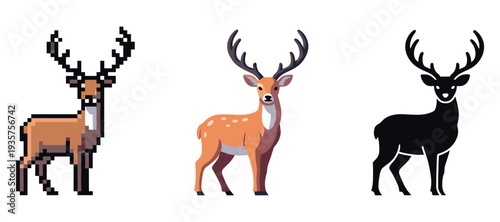 Pixel, cartoon, and silhouette styles of deer with antlers