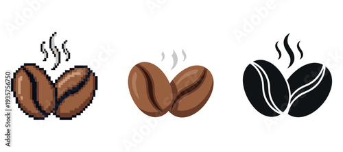 Coffee bean trio: pixel, brown, and black icon designs with steam