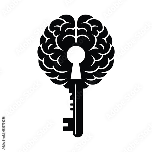 A black silhouette of a brain with a keyhole and key